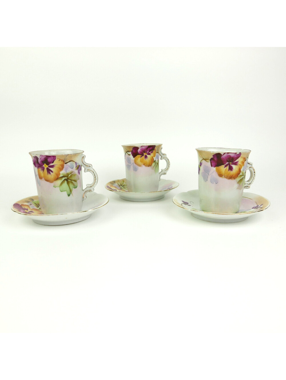 Antique Nippon Porcelain Chocolate Tea Cups & Saucers Set of 3 Pansy Floral Gilt